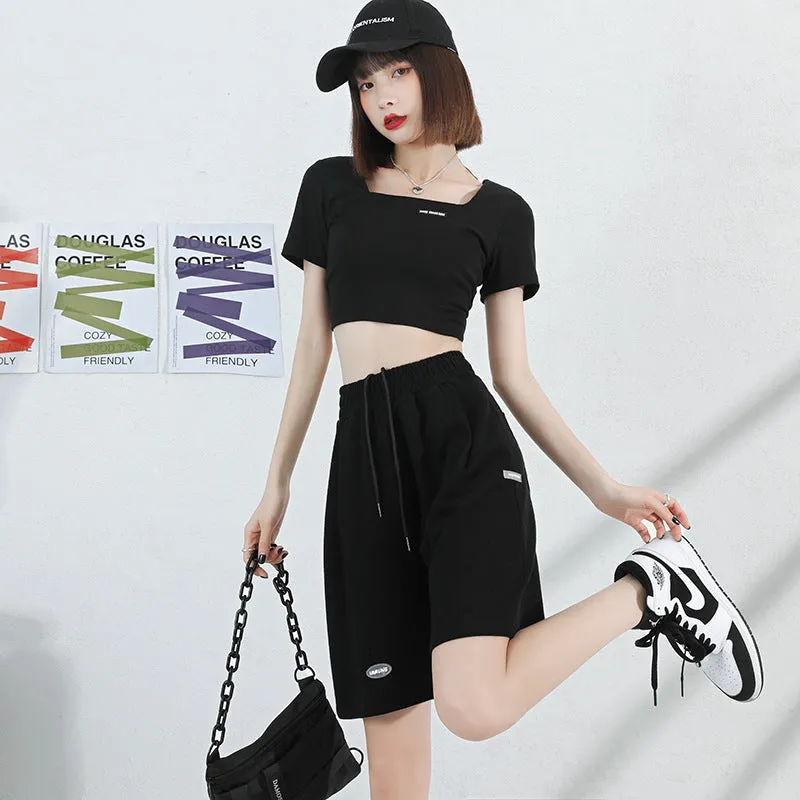 Running Shorts Women Summer Loose Casual High Waist Wide Leg Gray knee length Matching Pants INS Pants Activewear
