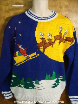 Santa Flying Across the Moon Ugly Christmas Sweater