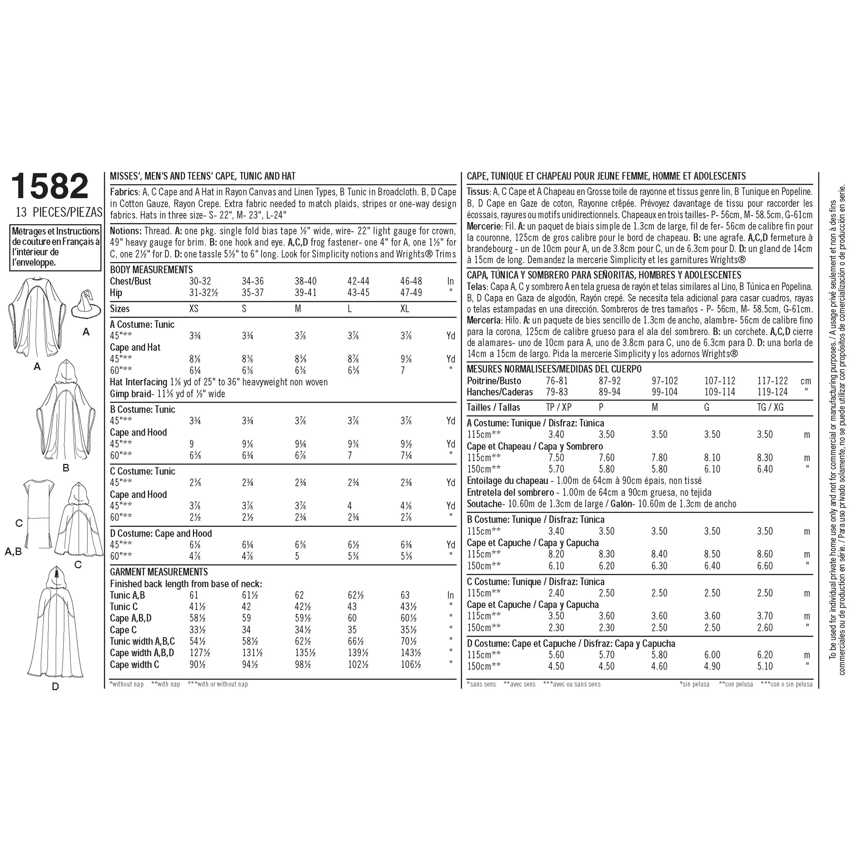 Simplicity Sewing Pattern 1582 Misses, Men and Teen Costumes
