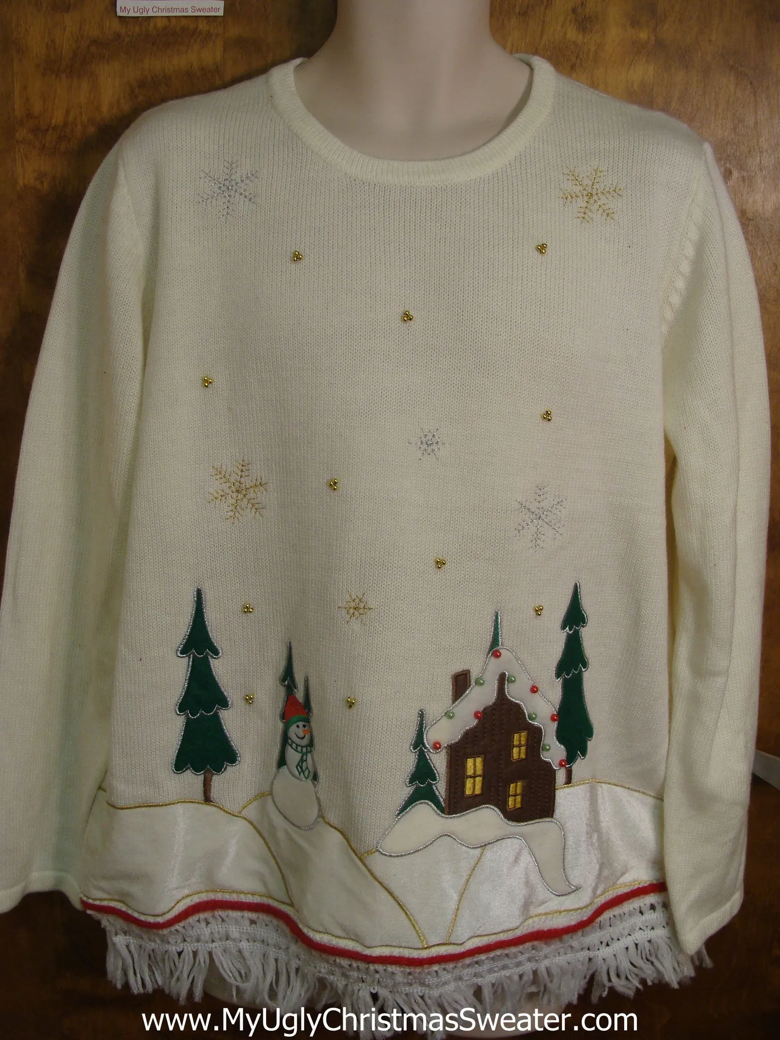 Snowy House with Snowman and Trees Tacky Xmas Sweater