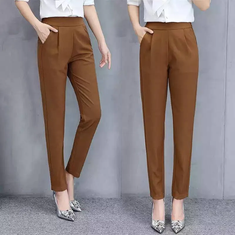 Summer OL Trendy Elegant Casual Women Long Pants Thin High Waist Pants
