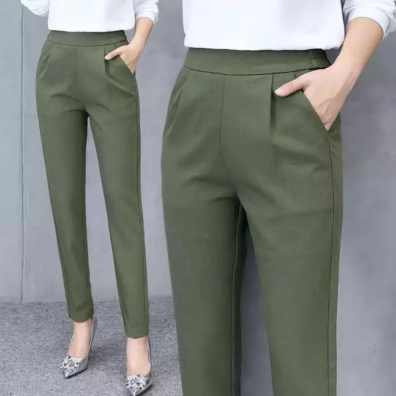 Summer OL Trendy Elegant Casual Women Long Pants Thin High Waist Pants