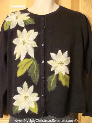 Tacky Black Christmas Sweater with White Poinsettias (f1340)