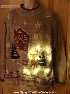 Tacky Ugly Christmas Sweater Rudolph Reindeer with Lights and Fringe (g55)