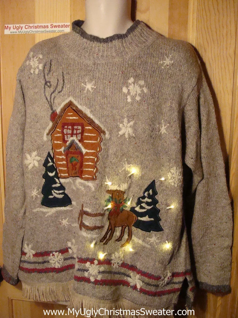 Tacky Ugly Christmas Sweater Rudolph Reindeer with Lights and Fringe (g55)