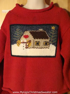 Tacky Ugly Christmas Sweater with a Snowman and his House with a Heart Decoration (f751)