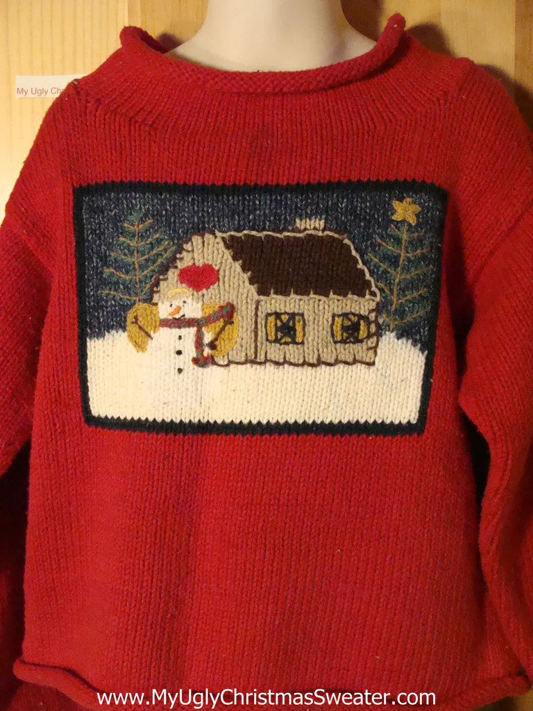 Tacky Ugly Christmas Sweater with a Snowman and his House with a Heart Decoration (f751)