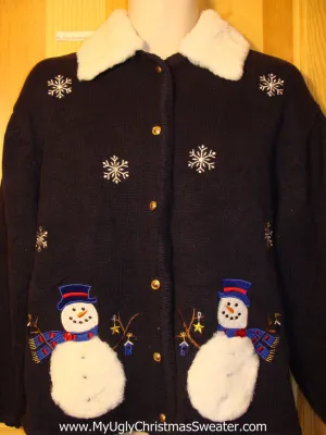 Tacky Ugly Christmas Sweater with Furry Collar and Festive Snowmen and Snowflakes (f345)