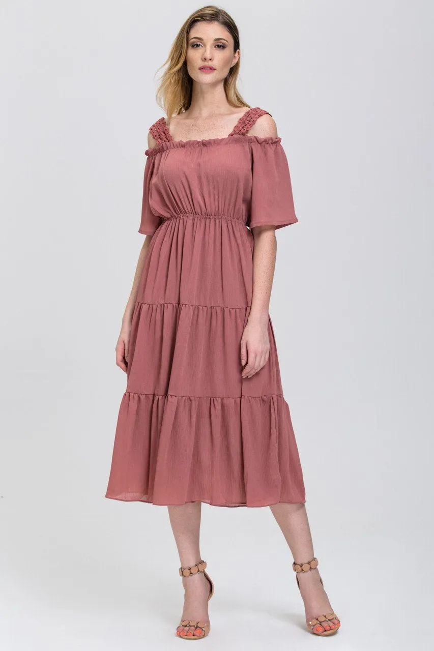 Terracotta Lace Strap Off the Shoulder Midi Dress