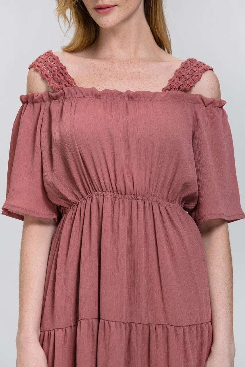 Terracotta Lace Strap Off the Shoulder Midi Dress