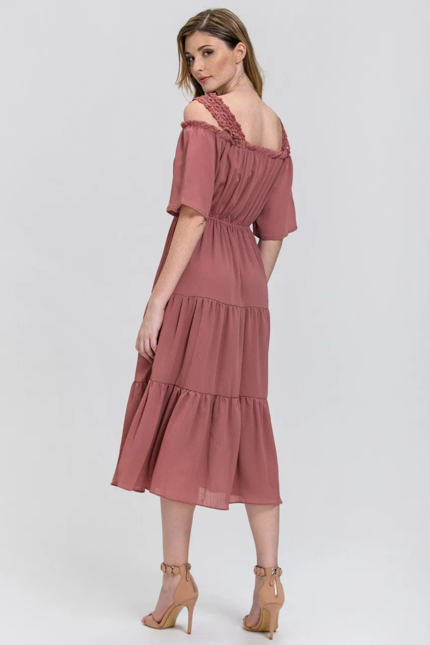 Terracotta Lace Strap Off the Shoulder Midi Dress