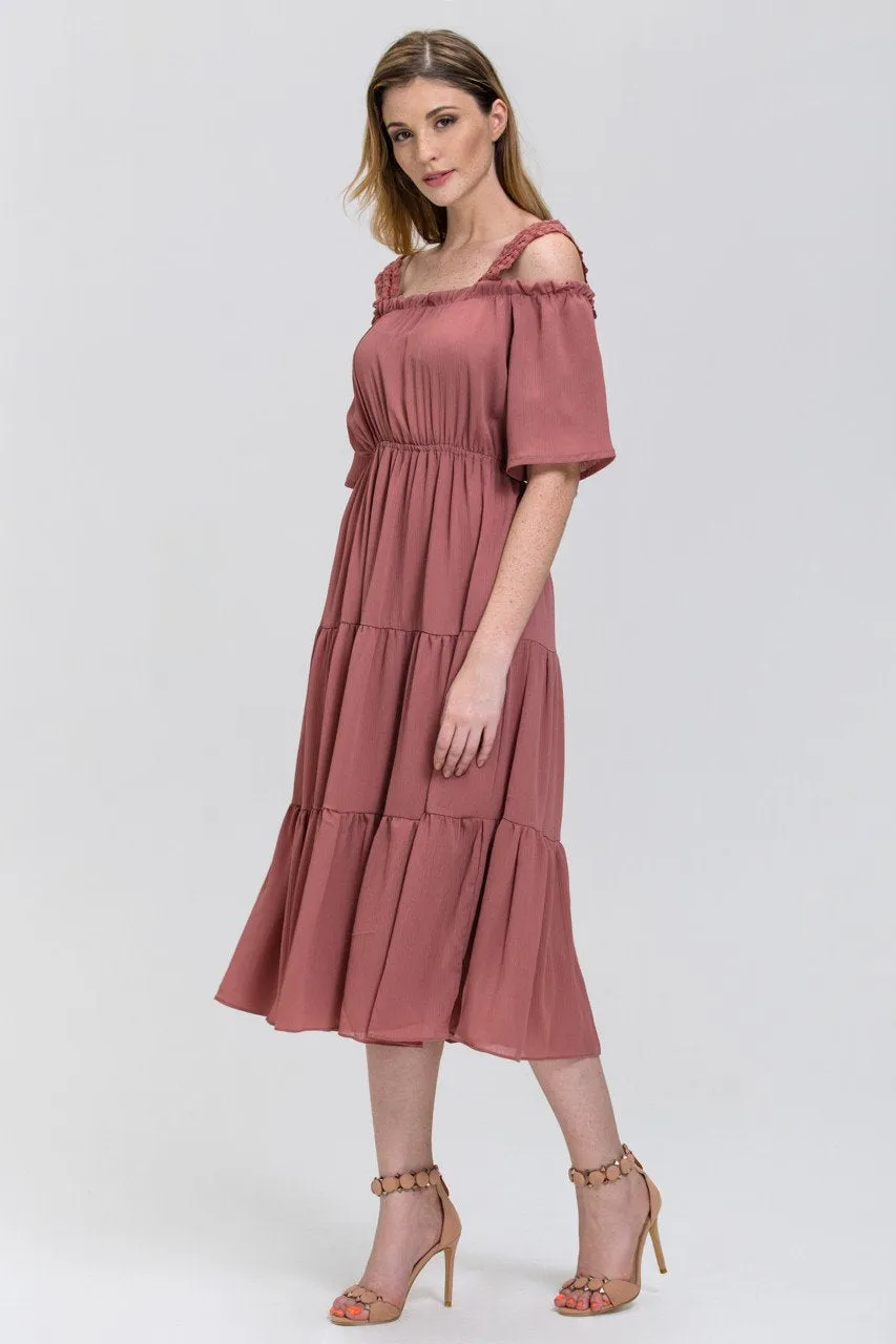 Terracotta Lace Strap Off the Shoulder Midi Dress