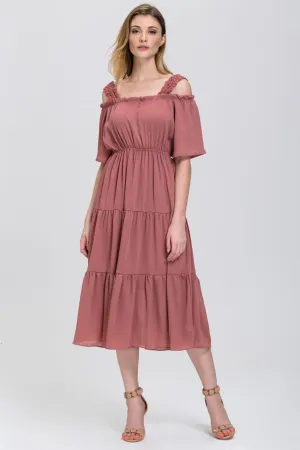 Terracotta Lace Strap Off the Shoulder Midi Dress