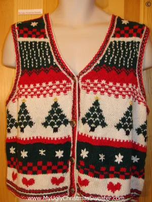 Two Sided Festive Christmas Sweater Vest Trees and Hearts