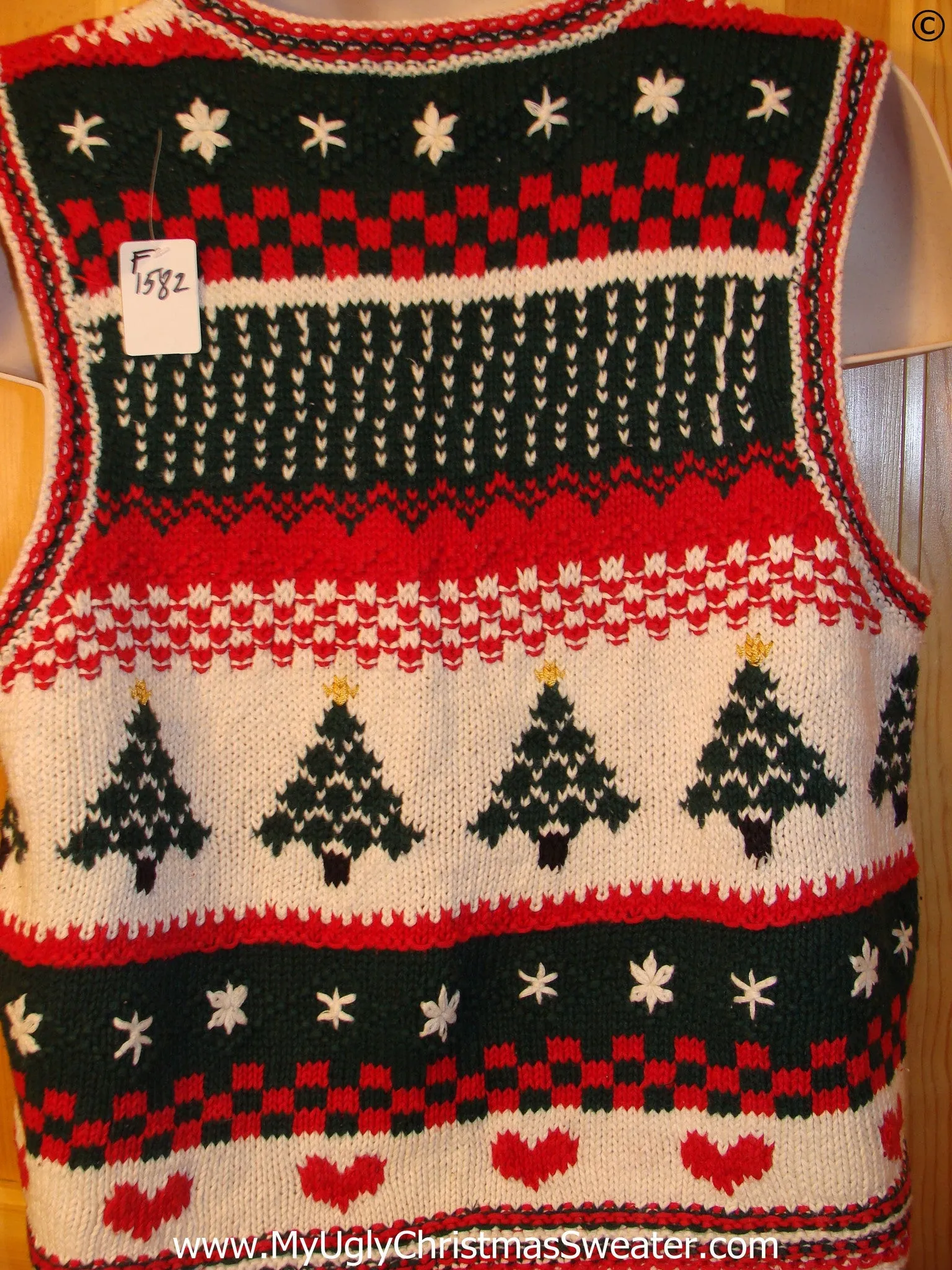 Two Sided Festive Christmas Sweater Vest Trees and Hearts