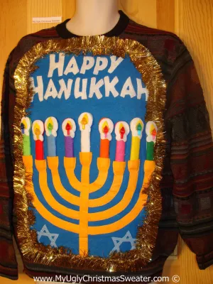 Ugly Christmas Sweater Party Hanukkah Sweater Mens with Menorah (j266)