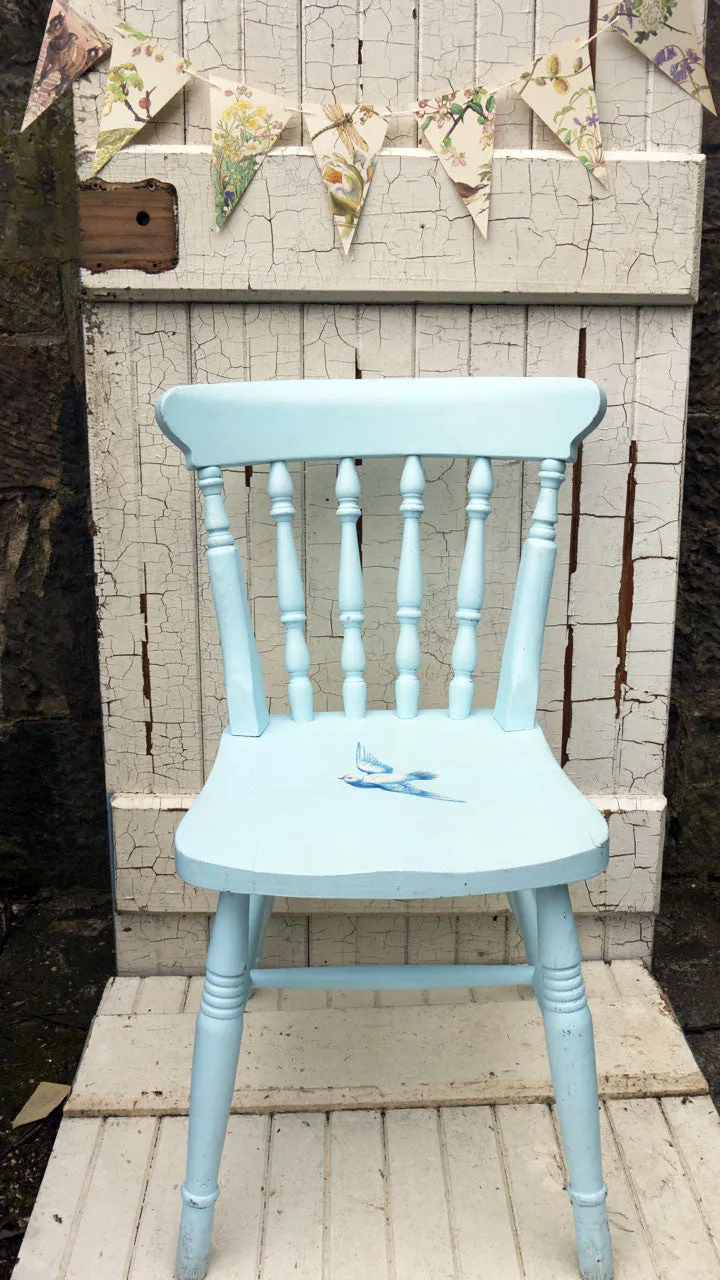 Upcycled baby blue wooden child's nursery chair with vintage dove decoupage design