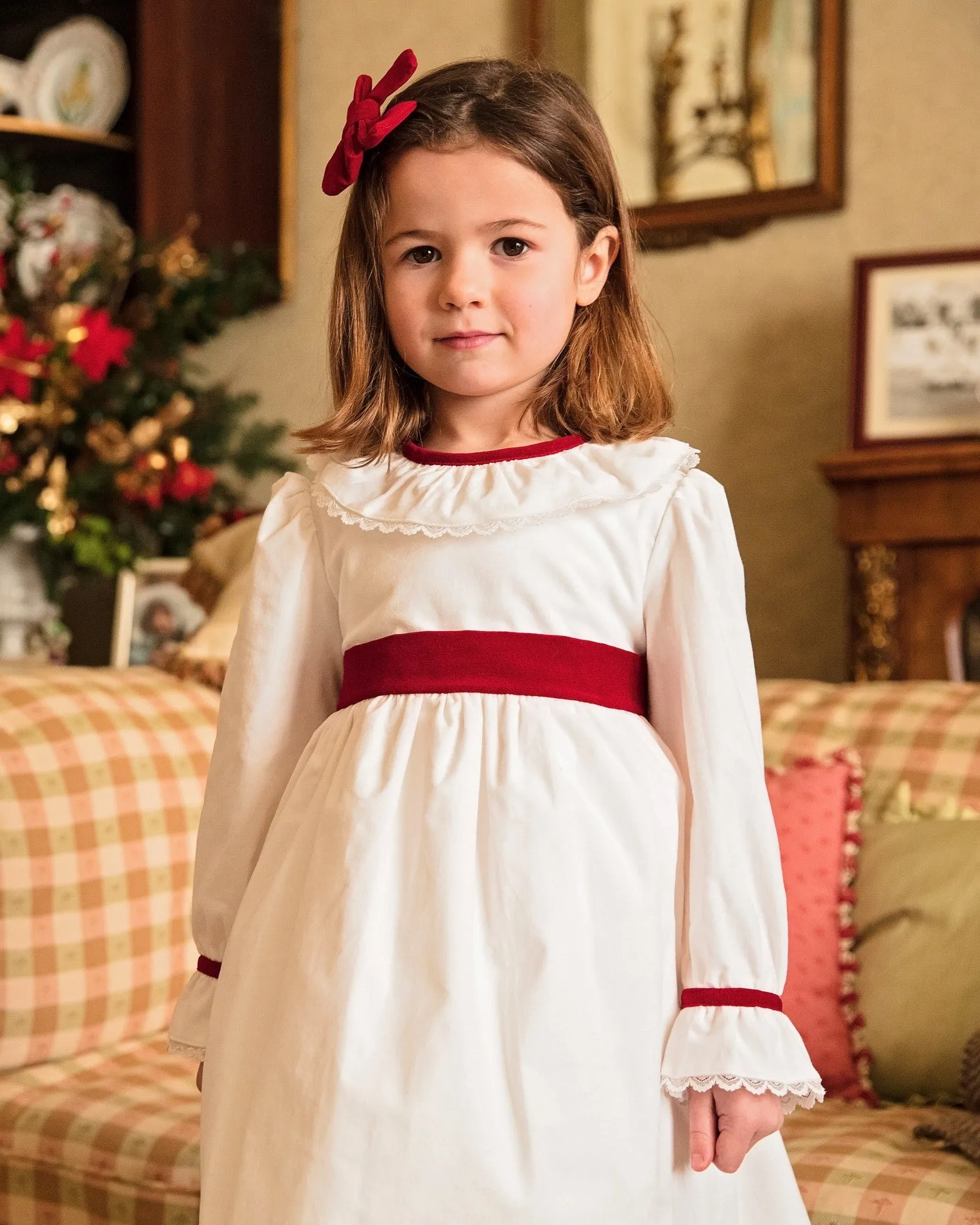 Winter Flower Girl Dress with Burgundy Sash