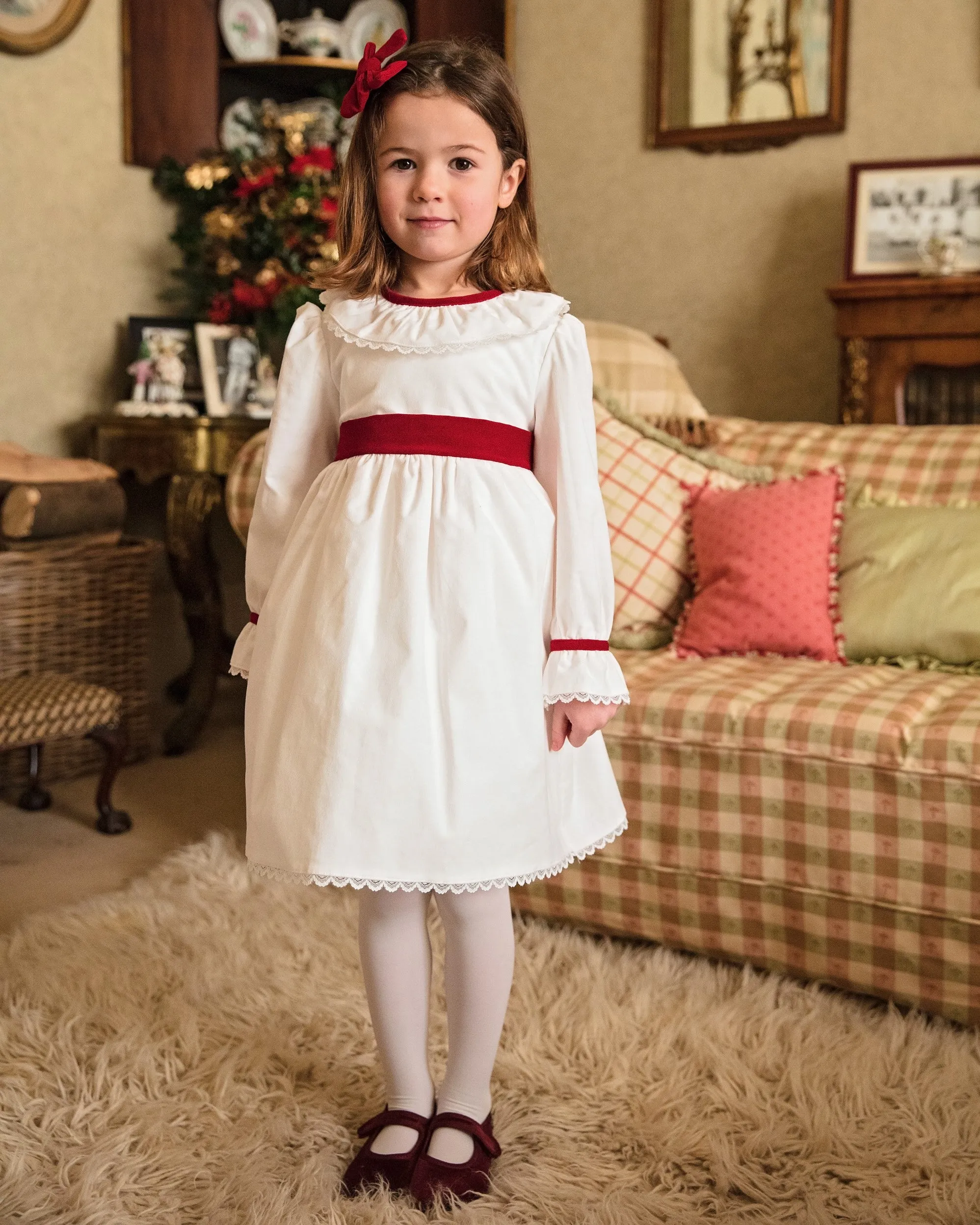 Winter Flower Girl Dress with Burgundy Sash